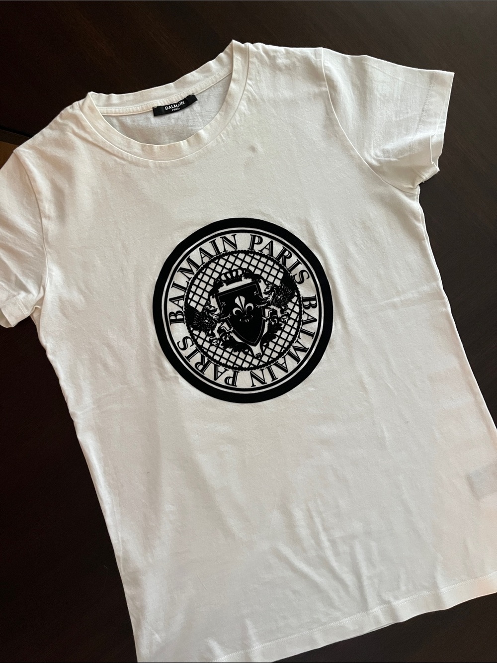 Balmain White Short Sleeve Tee with Black Medallion Logo